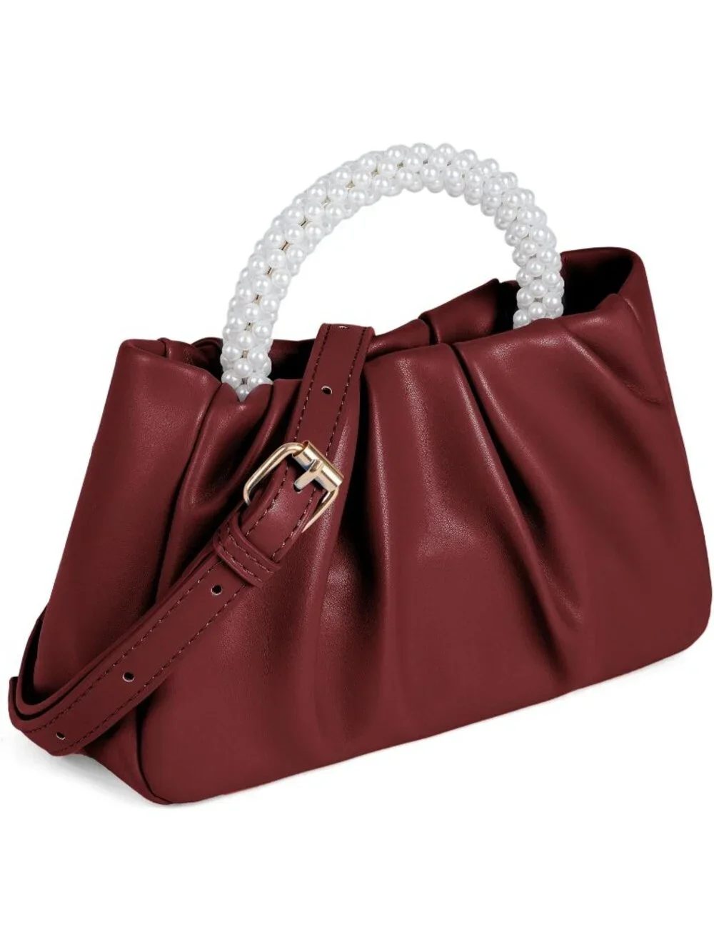 👜Women's Wine Red Leather Wedding Party Pearl Clutch Purse Magnetic Snap
